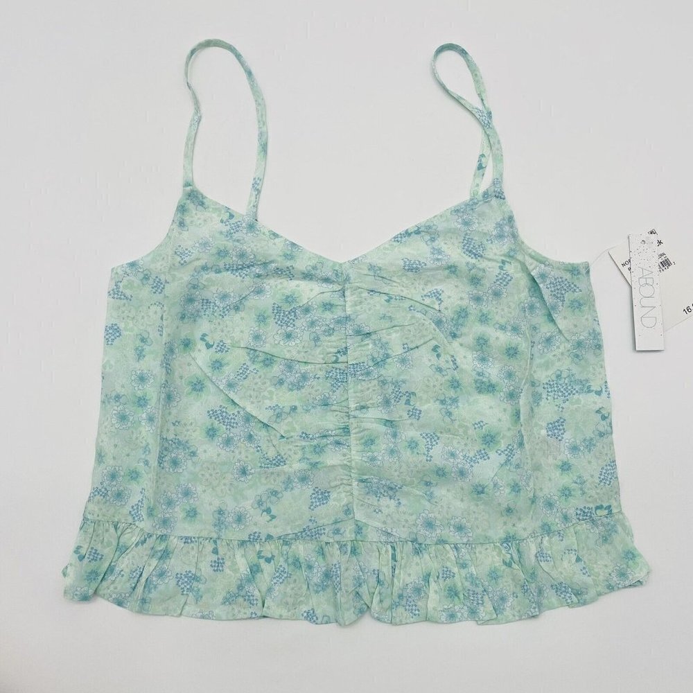 Abound Womens Size XS Cinch Front Tank Top in Blue Green Tarry Floral Print 886